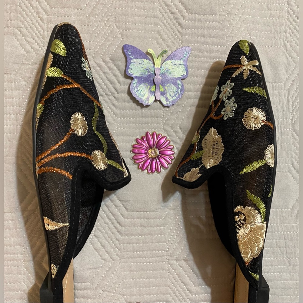 Black Mesh Floral Embroidered Mules Size 8 - Picture 5 of 7